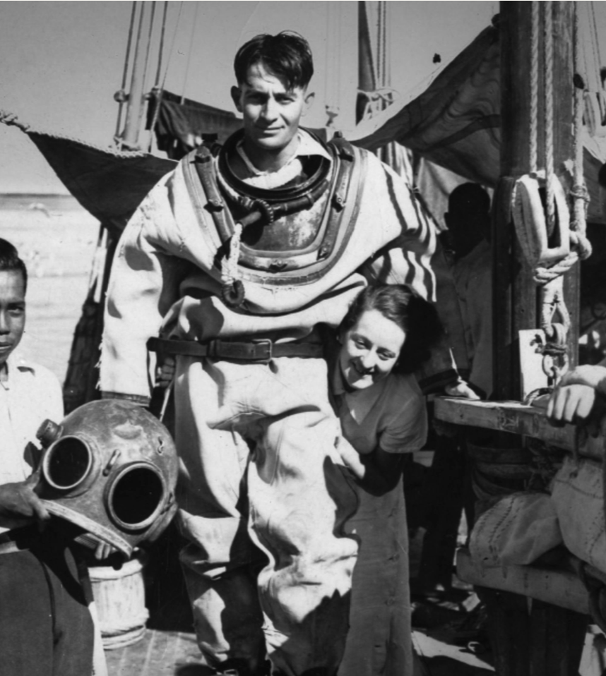 Archive image of Nick Paspaley Snr in old hard-hat diver's suit